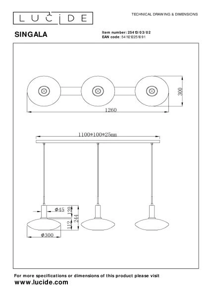 Lucide SINGALA - Pendant light - 3xE27 - Matt Gold / Brass - technical